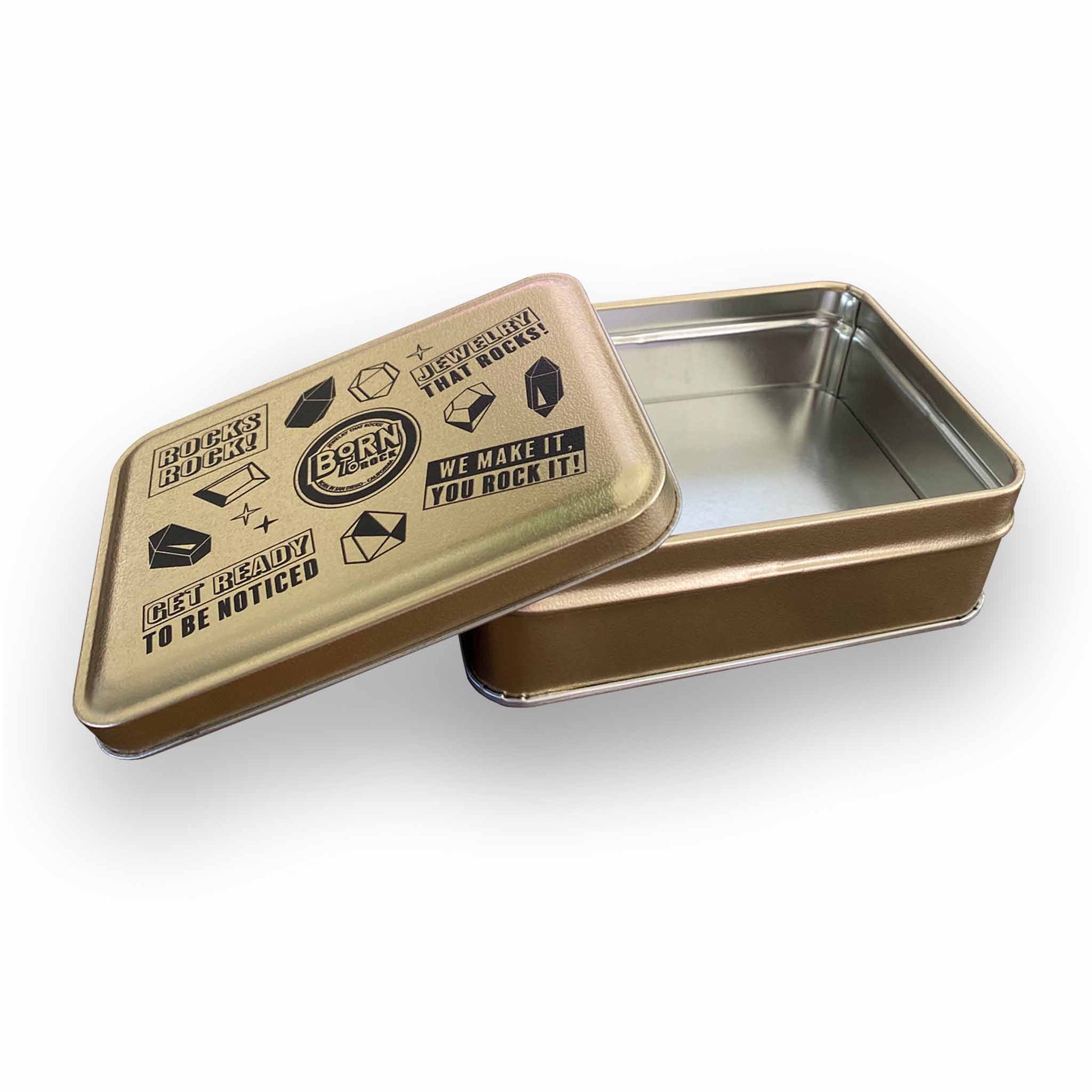 Give that extra sparkle to your gift with our elegant gold metallic finish tin can. These metal containers are perfect for storing your jewelry pouches, cards, souvenirs and more. Give that extra sparkle to your gift with our elegant gold metallic finish tin can. These metal containers are perfect for storing your jewelry pouches, cards, souvenirs and more. We care about offering a high quality and functional jewelry packaging that you can reuse and will last for a long time.