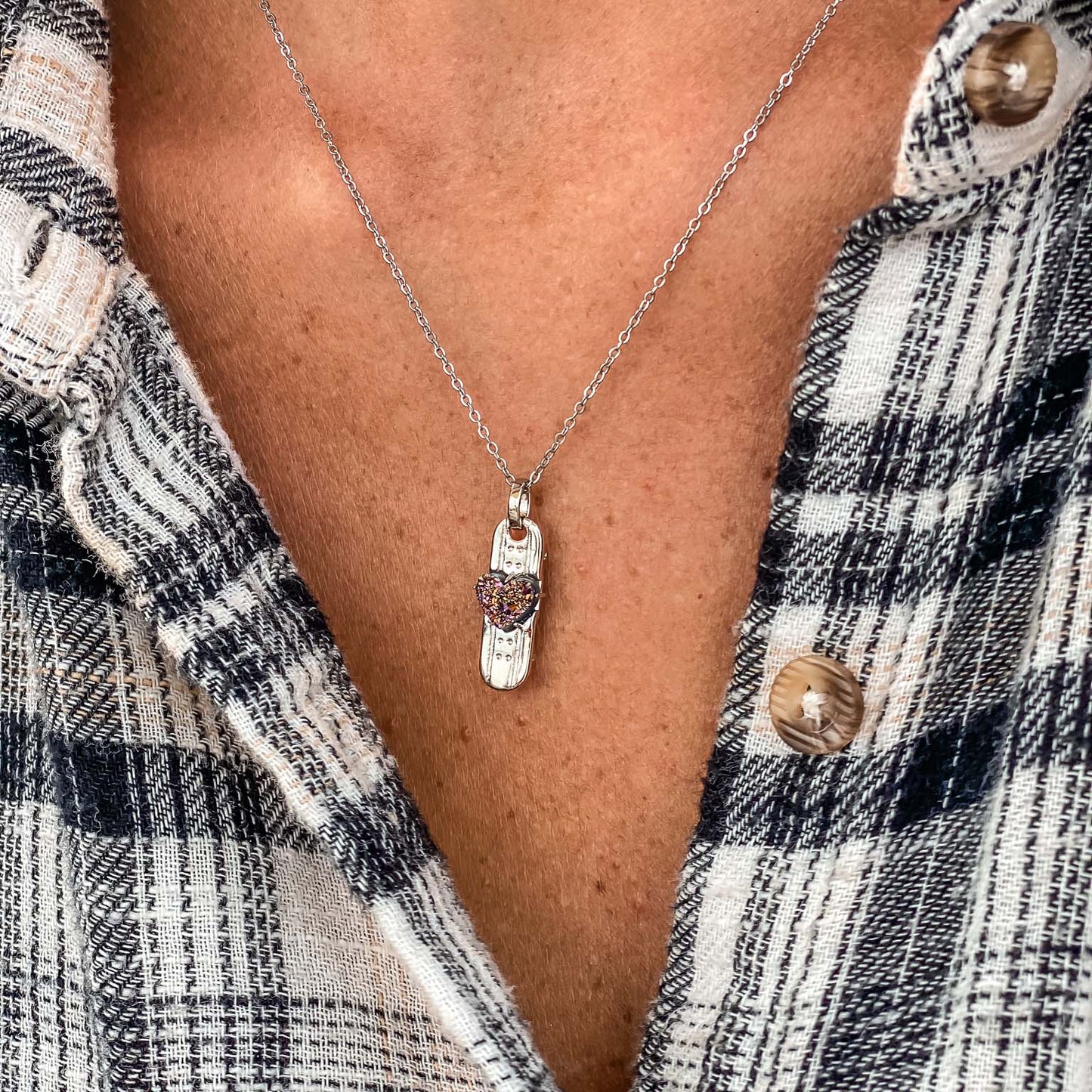 Skateboard Charm Necklace in Multicolor Druzy
