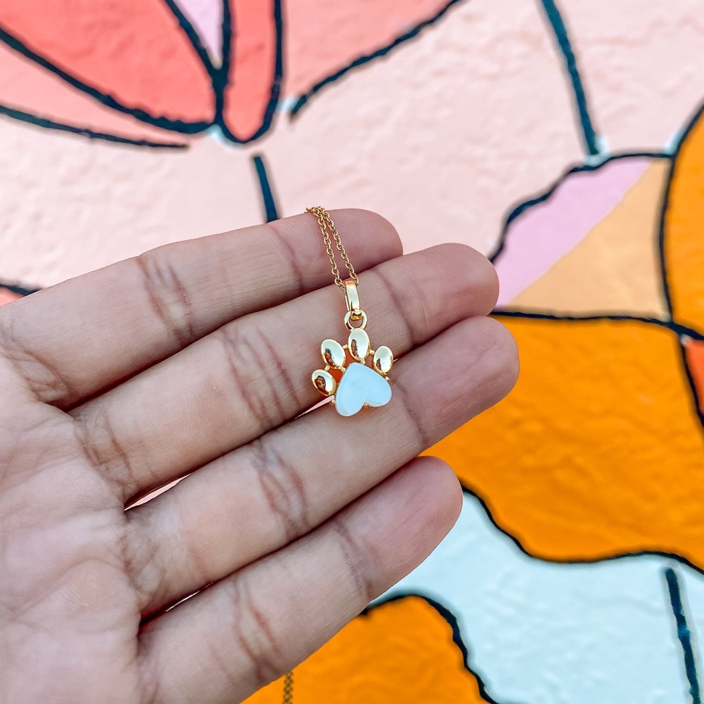 Pet Paw Charm Necklace in heart shaped mother-of-pearl gemstone. Best gift for pet moms and pet lovers. Made by Born to Rock Jewelry