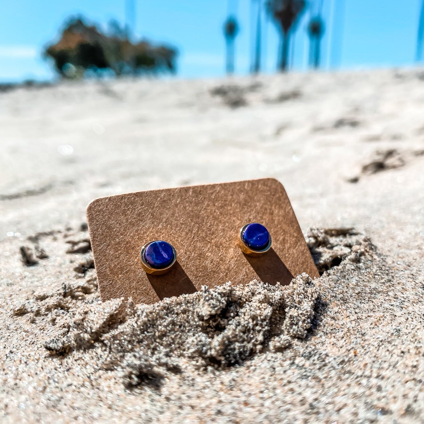 5mm Yellow Gold Plated Round Stud Earrings in Purple Violet Howlite Natural Gemstone made By Born To Rock. Online Jewelry Store Based in San Diego California