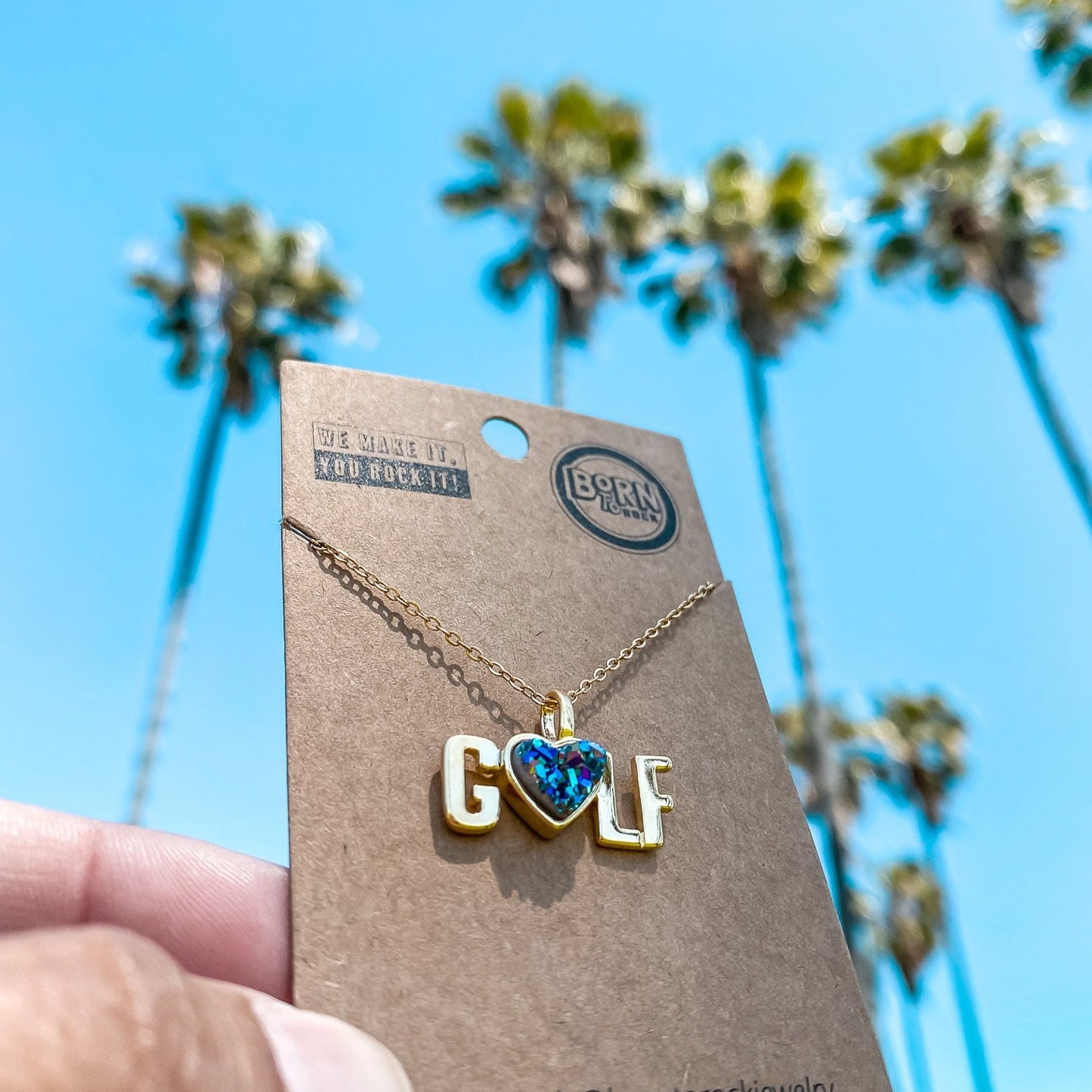 Yellow Gold plated Golf necklace with a heart shaped natural quartz druzy teal colored gemstone made by Born to Rock Jewelry
