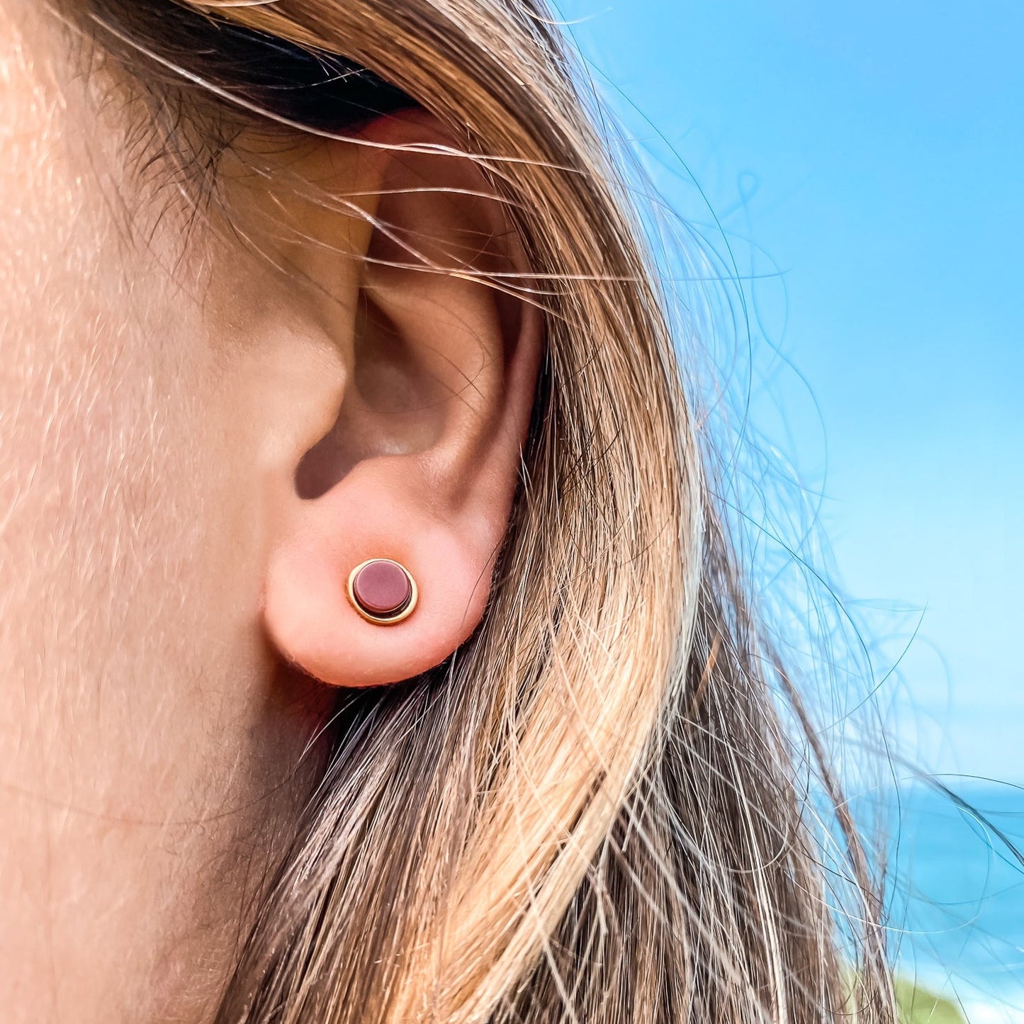5mm Round Stud Yellow Gold Plated Earrings in Round Red Dyed Dolomite Natural Gemstone Made by Born to Rock. Online Jewelry Store Based in San Diego California