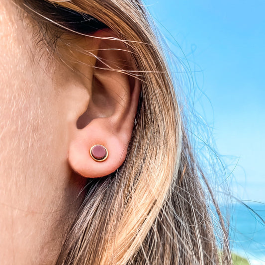 5mm Round Stud Yellow Gold Plated Earrings in Round Red Dyed Dolomite Natural Gemstone Made by Born to Rock. Online Jewelry Store Based in San Diego California