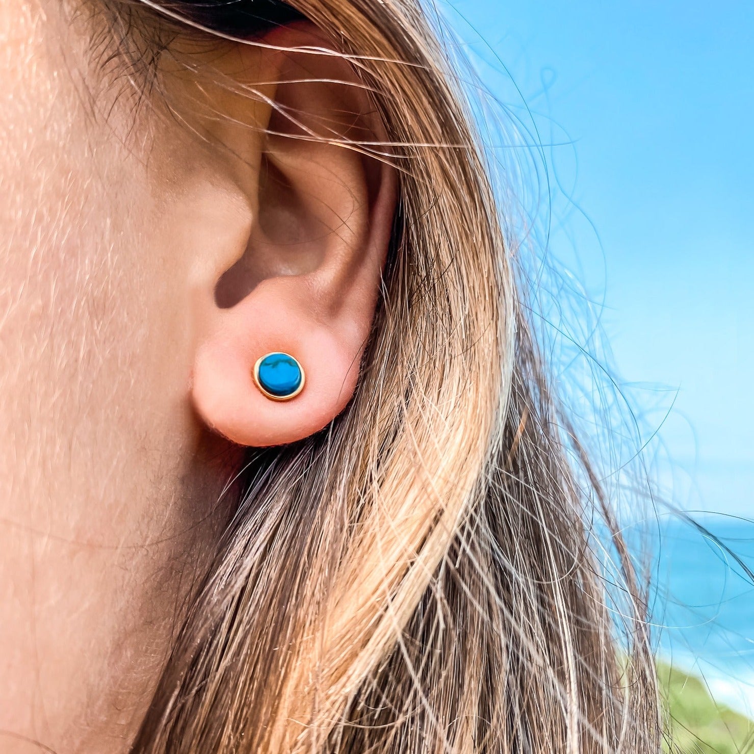 5mm Yellow Gold Plated Round Stud Earrings in Round Blue Turquoise Gemstone made By Born To Rock. Online Jewelry Store Based in San Diego California