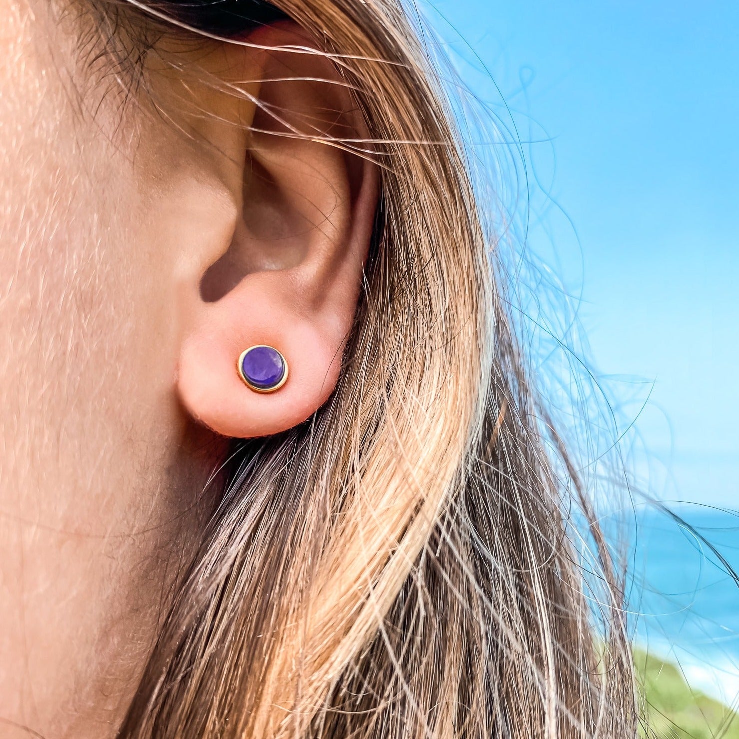 5mm Yellow Gold Plated Round Stud Earrings in Purple Violet Howlite Natural Gemstone made By Born To Rock. Online Jewelry Store Based in San Diego California