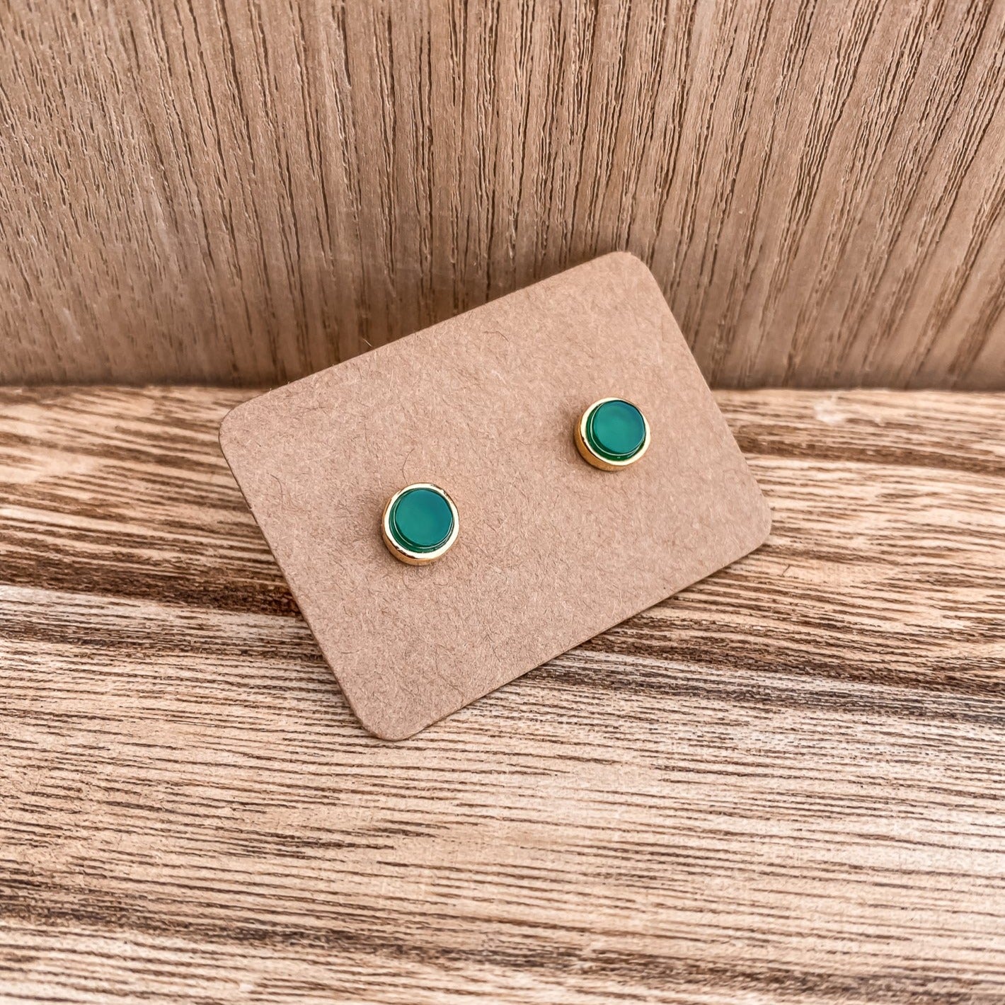 5mm Round Stud Yellow Gold Plated Earrings in Green Agate Natural Gemstone Made by Born to Rock. Online jewelry store Based in San Diego California
