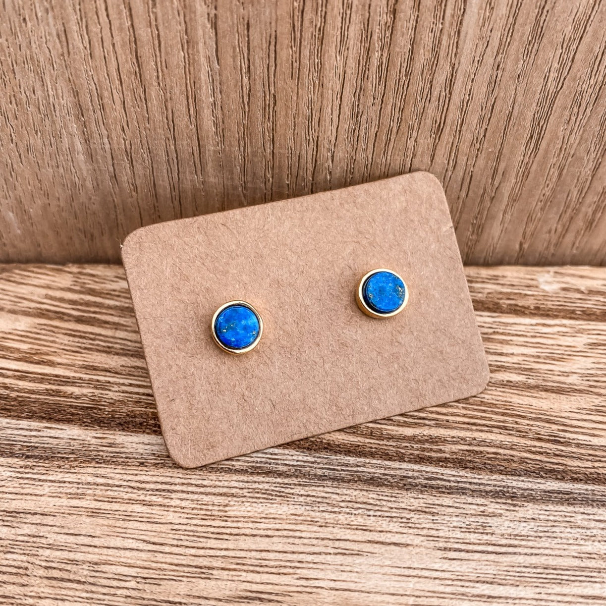 5mm Yellow Gold Plated Round Stud Earrings in Royal Blue Lapis Lazuli Gemstone made By Born To Rock. Online Jewelry store Based in San Diego California