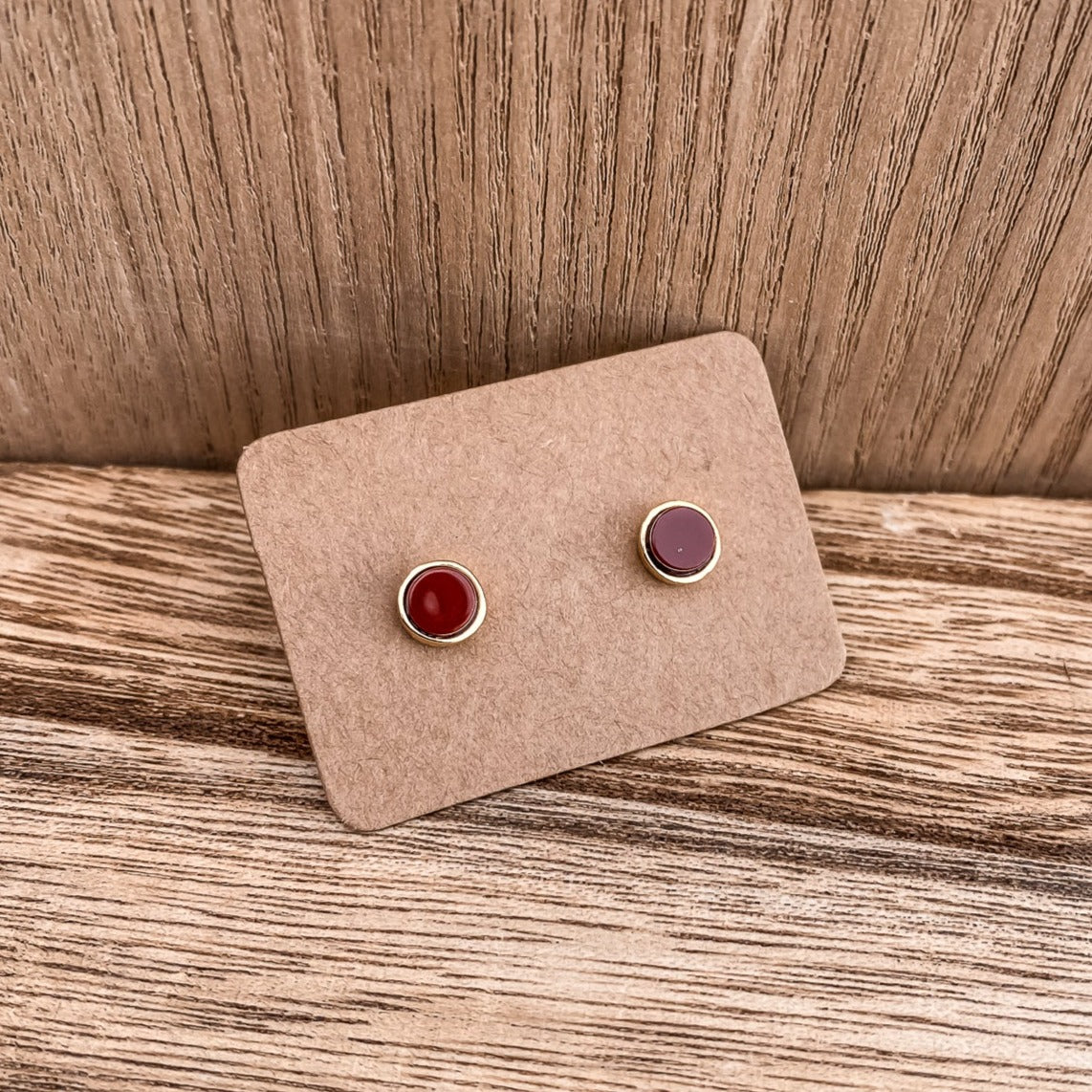 5mm Round Stud Yellow Gold Plated Earrings in Round Red Dyed Dolomite Natural Gemstone Made by Born to Rock. Online Jewelry Store Based in San Diego California