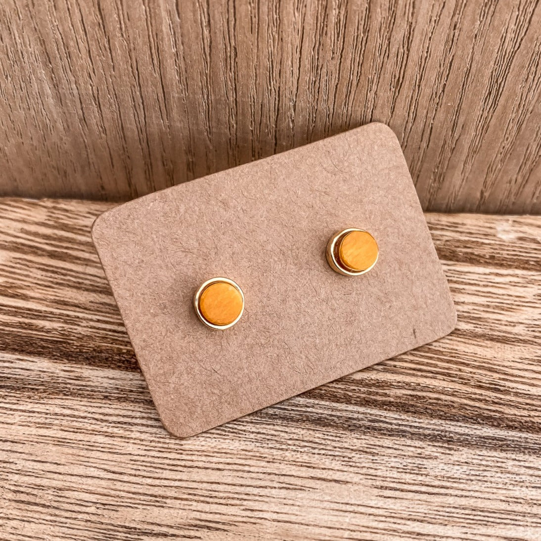 5mm Round Stud Yellow Gold Plated Earrings in Yellow Dyed Feldspar Natural Gemstone Made by Born to Rock. Online Jewelry Based in San Diego California