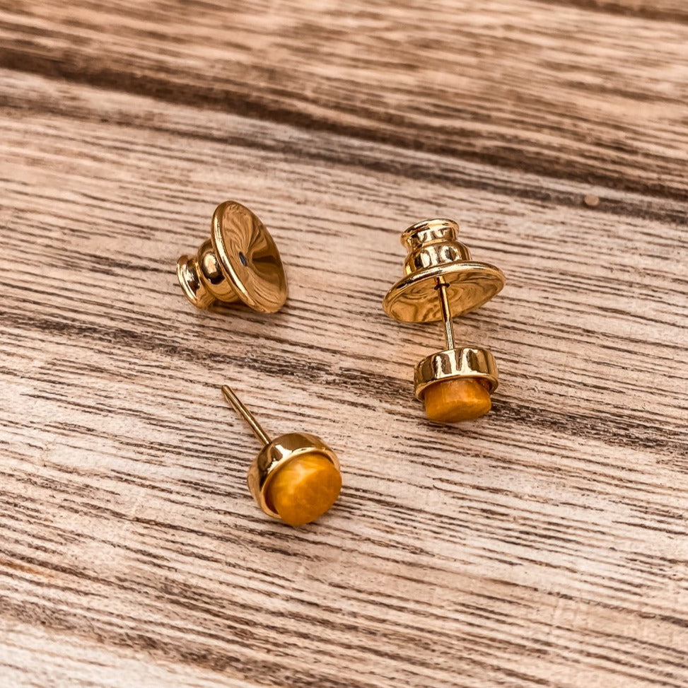 5mm Round Stud Yellow Gold Plated Earrings in Yellow Dyed Feldspar Natural Gemstone Made by Born to Rock. Online Jewelry Based in San Diego California