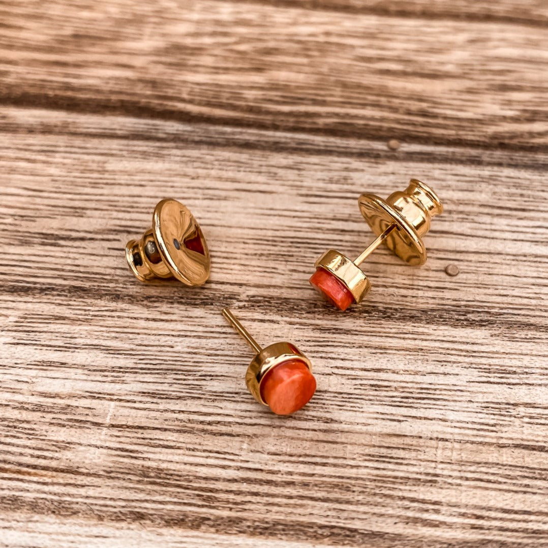 5mm Round Stud Yellow Gold Plated Earrings in Orange Dyed Feldspar Natural Gemstone Made by Born to Rock. Online Jewelry Based in San Diego California