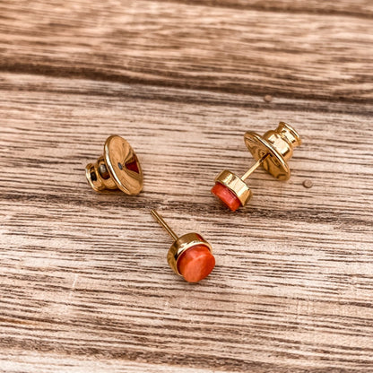 5mm Round Stud Yellow Gold Plated Earrings in Orange Dyed Feldspar Natural Gemstone Made by Born to Rock. Online Jewelry Based in San Diego California