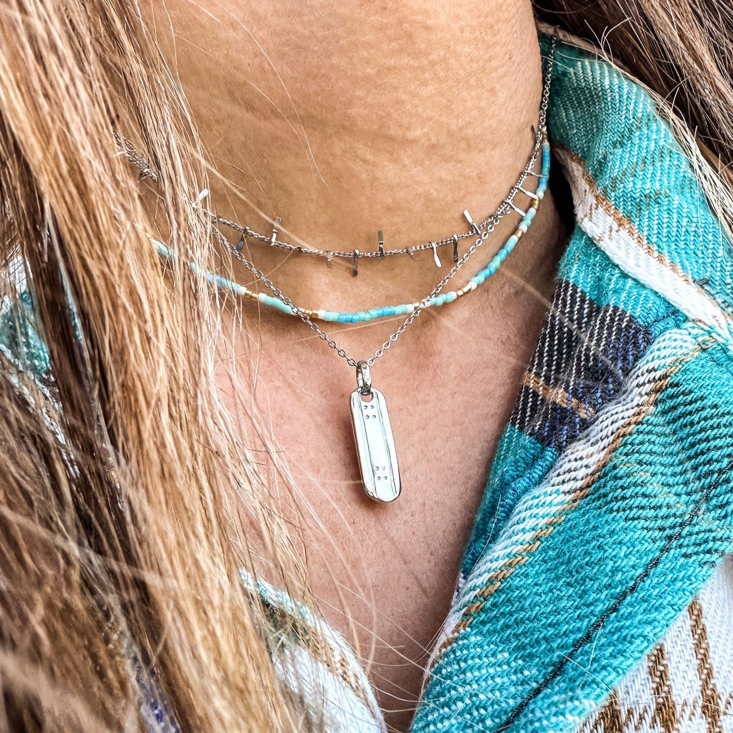 Handmade beaded necklace, adjustable necklace made with colored beads, layered necklaces, surf jewelry made by Born to Rock Jewelry, Family owned sports inspired and lifestyle jewelry brand based in San Diego, California