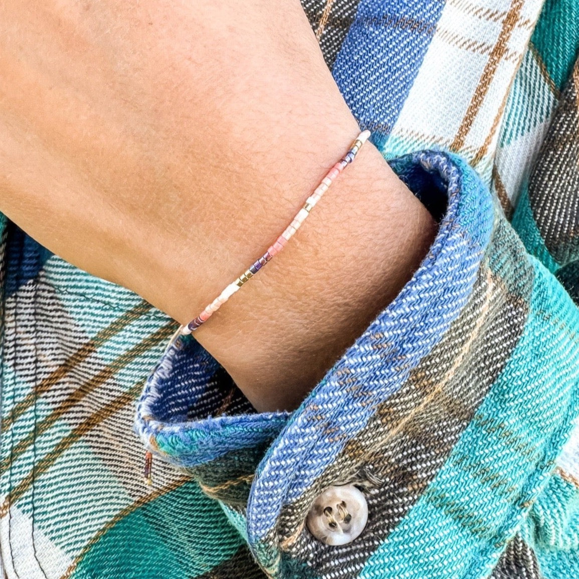 Beaded bracelet, adjustable bracelet made with colored beads, friendship bracelet, Surf Jewelry made by Born to Rock Jewelry, Family owned sports inspired and lifestyle jewelry brand based in San Diego, California