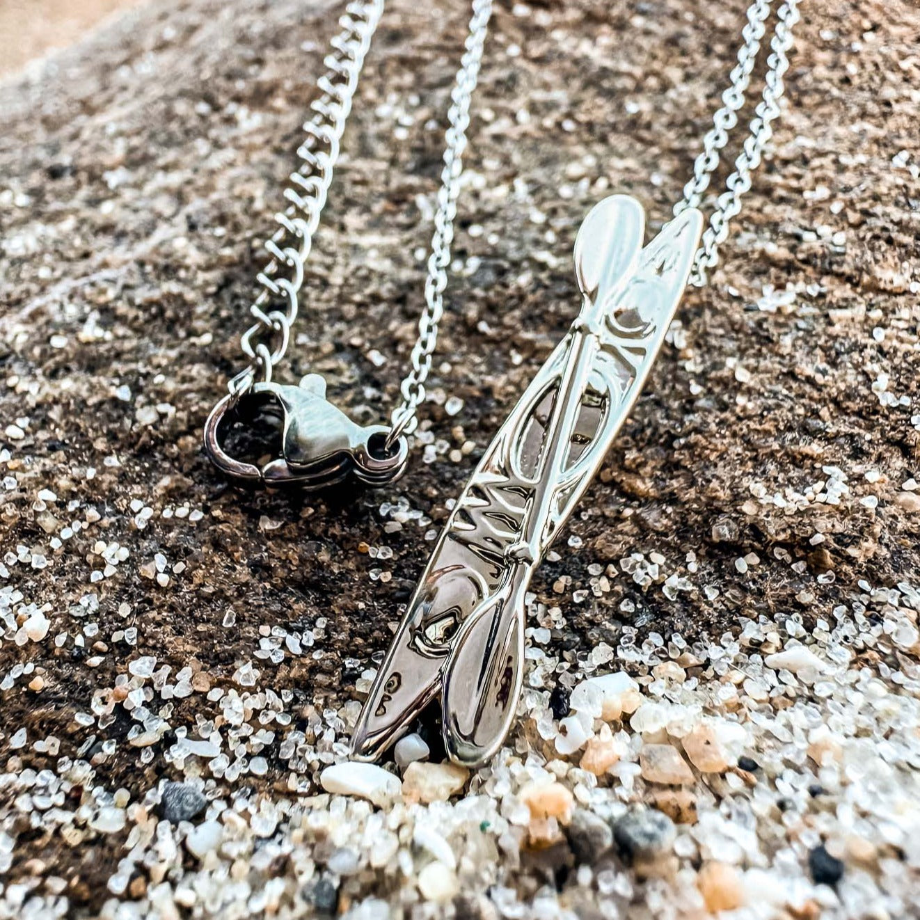 Silver Kayak Pendant Necklace made by Born to Rock Jewelry. Based in San Diego, California. Kayak, kayaking, Beach, Ocean, Sports, Water Sports Accessories, Outdoor Adventure & Surf Shop.