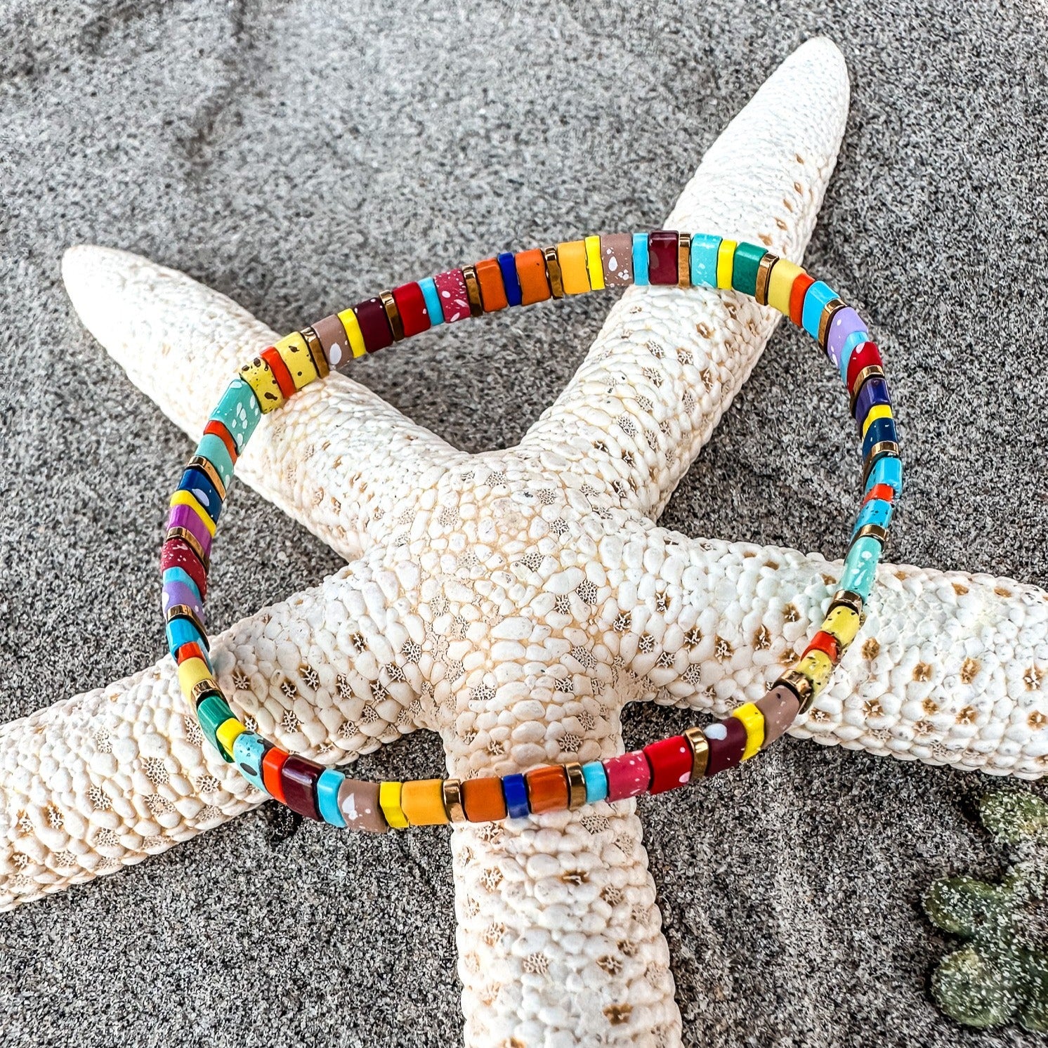 Colored tila beads stretch handmade bracelets made by Born to Rock Jewelry. Surf and sports inspired jewelry brand. A family-owned business that rocks! Based in San Diego California.