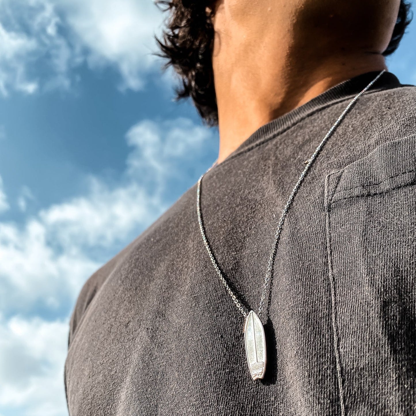 silver surfboard charm necklace. Surf inspired jewelry. Great gift for surfers made by Born to Rock. Designed in San Diego, California