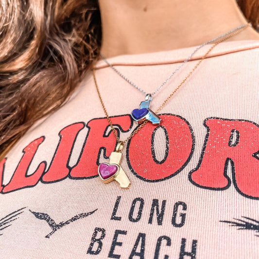 18Kt Yellow Gold Plated California State Pendant Necklace with a heart shaped Pink Howlite natural gemstone made by Born to Rock. Online Jewelry Store based in San Diego California