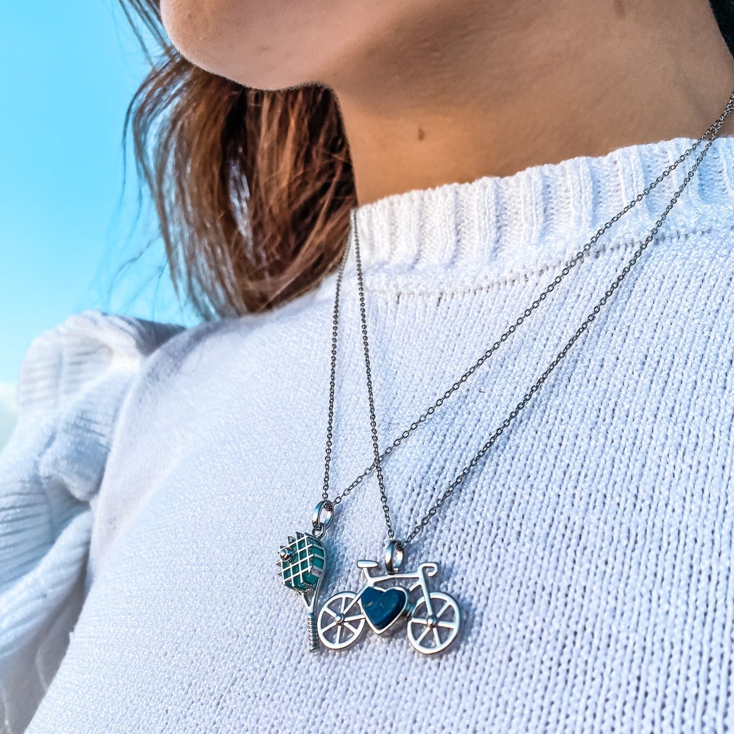 Bike Pendant Necklace in Silver Plated with a heart shaped Lapis Lazuli Blue Gemstone made by Born to Rock Jewelry | Great gift for bikers