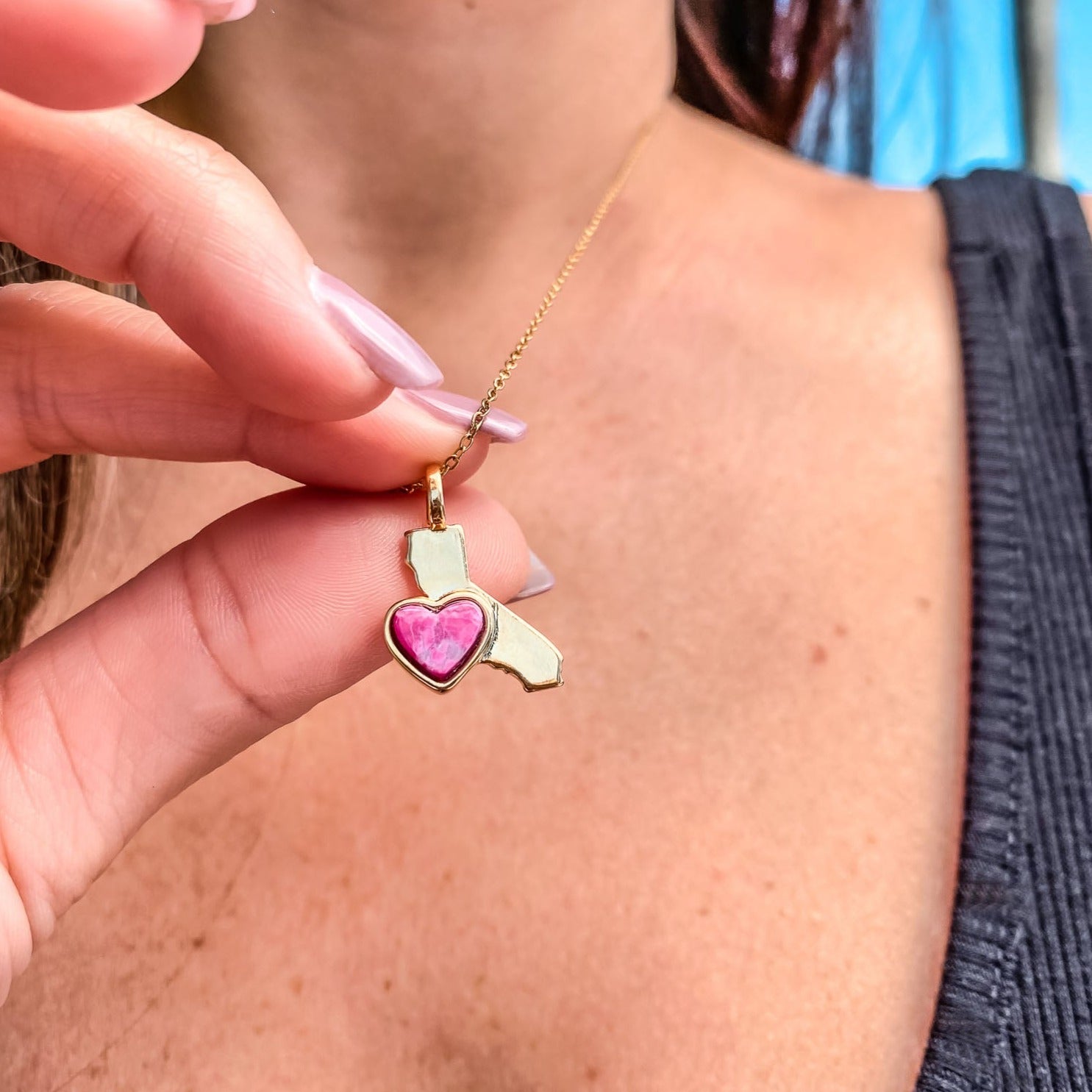 18Kt Yellow Gold Plated California State Pendant Necklace with a heart shaped Pink Howlite  natural gemstone  made by Born to Rock. Online Jewelry Store based in San Diego California