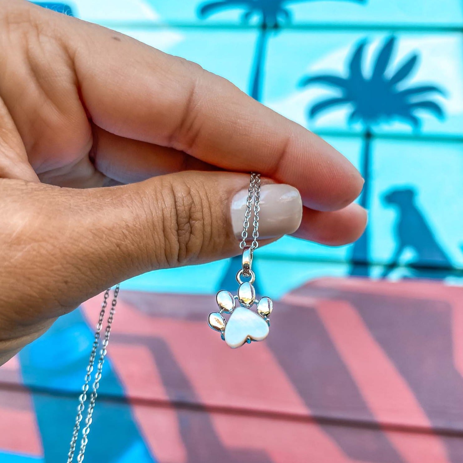 Pet Paw Charm Necklace in Mother-of-pearl. Best gift for pet moms and pet lovers. Made by Born to Rock Jewelry