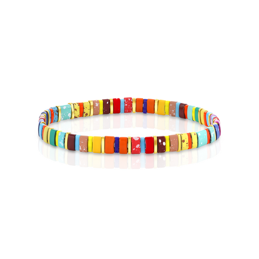 Colored tila beads stretch handmade bracelets made by Born to Rock Jewelry. Surf and sports inspired jewelry brand. A family-owned business that rocks! Based in San Diego California.