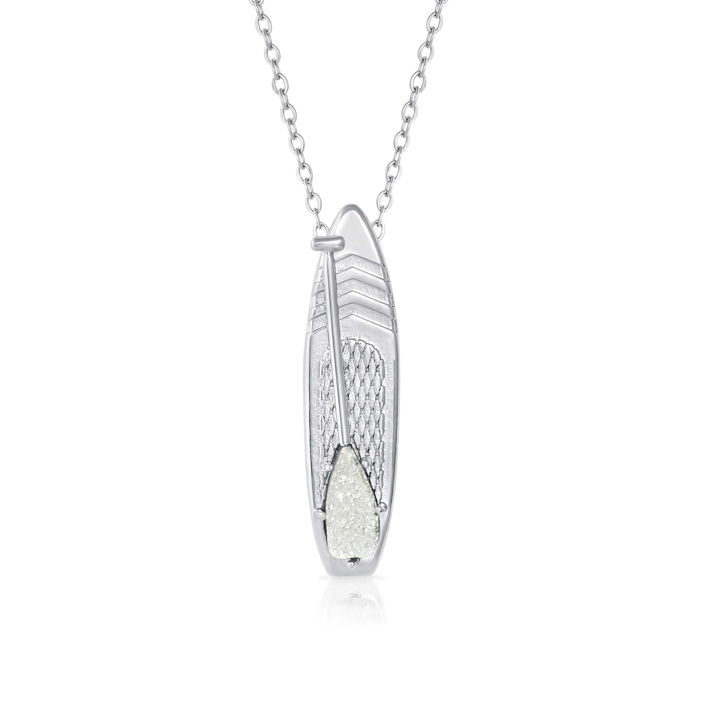 APRIL Birthstone SUP jewelry Necklace in Quartz Crystal-Born to Rock Jewelry - Looking for places to buy or rent a paddle board? This stand up paddle board pendant will be the best and highest performance SUP you'll ever find. Take your paddle board with you, even when you're not surfing, racing or touring. Shop April's birthstone SUP jewelry online or at a surf shop near you.