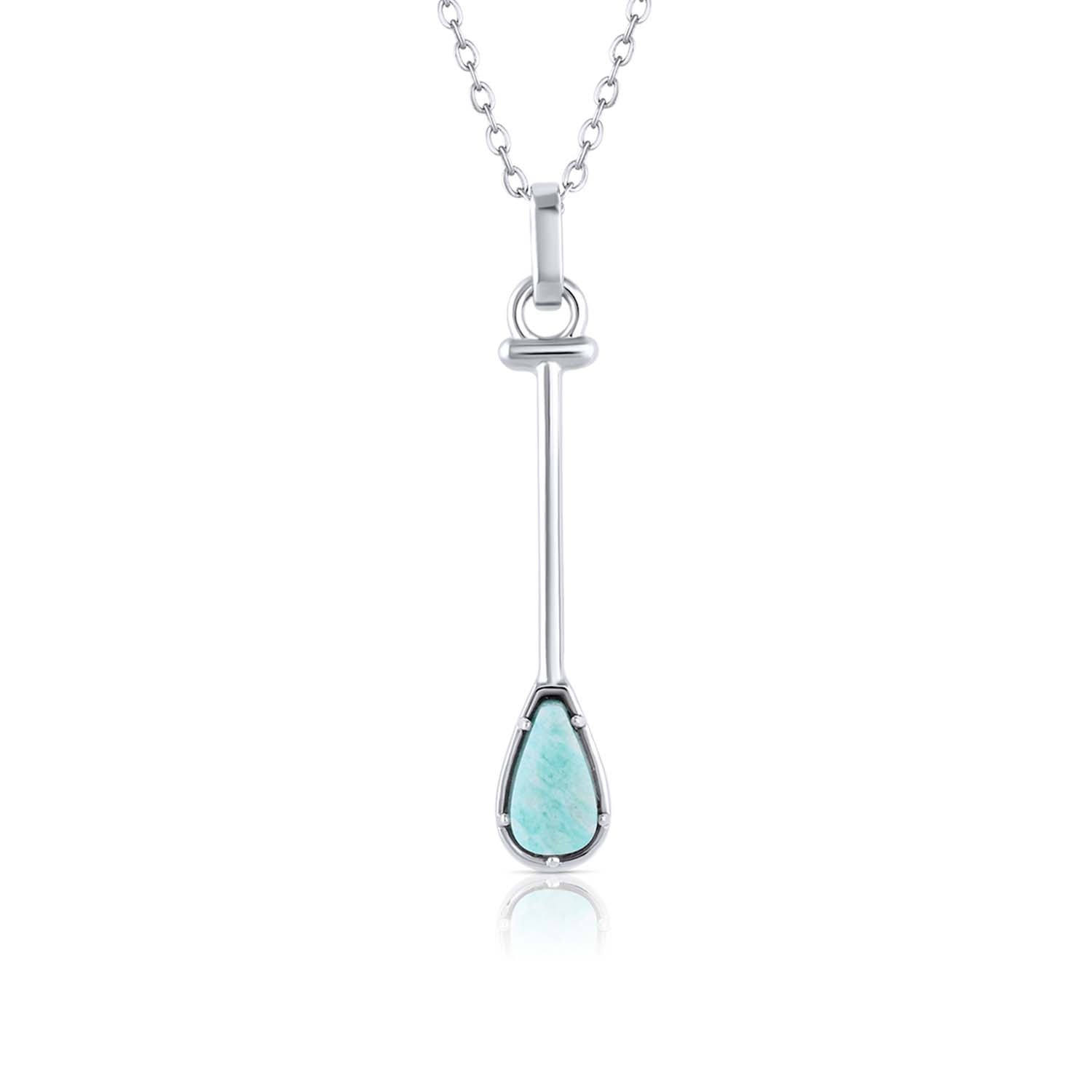 Paddler Jewelry inspired by Hawaiian Outrigger Canoe Paddle Charm Necklace in Green Aqua Amazonite Natural Gemstone. Made by Born to Rock Jewelry Store based in San Diego California. Paddling jewelry