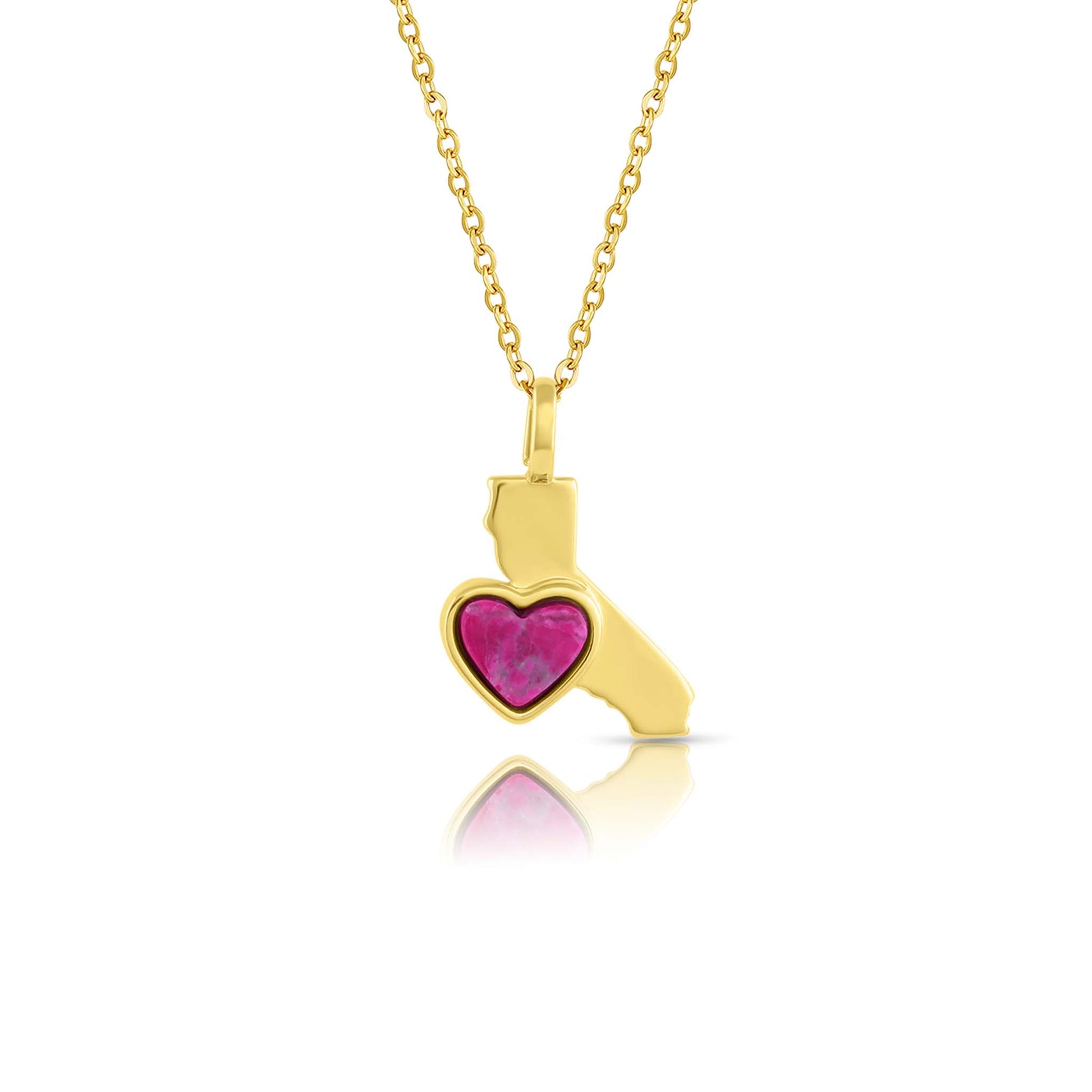 18Kt Yellow Gold Plated California State Pendant Necklace with a heart shaped Pink Howlite  natural gemstone  made by Born to Rock. Online Jewelry Store based in San Diego California