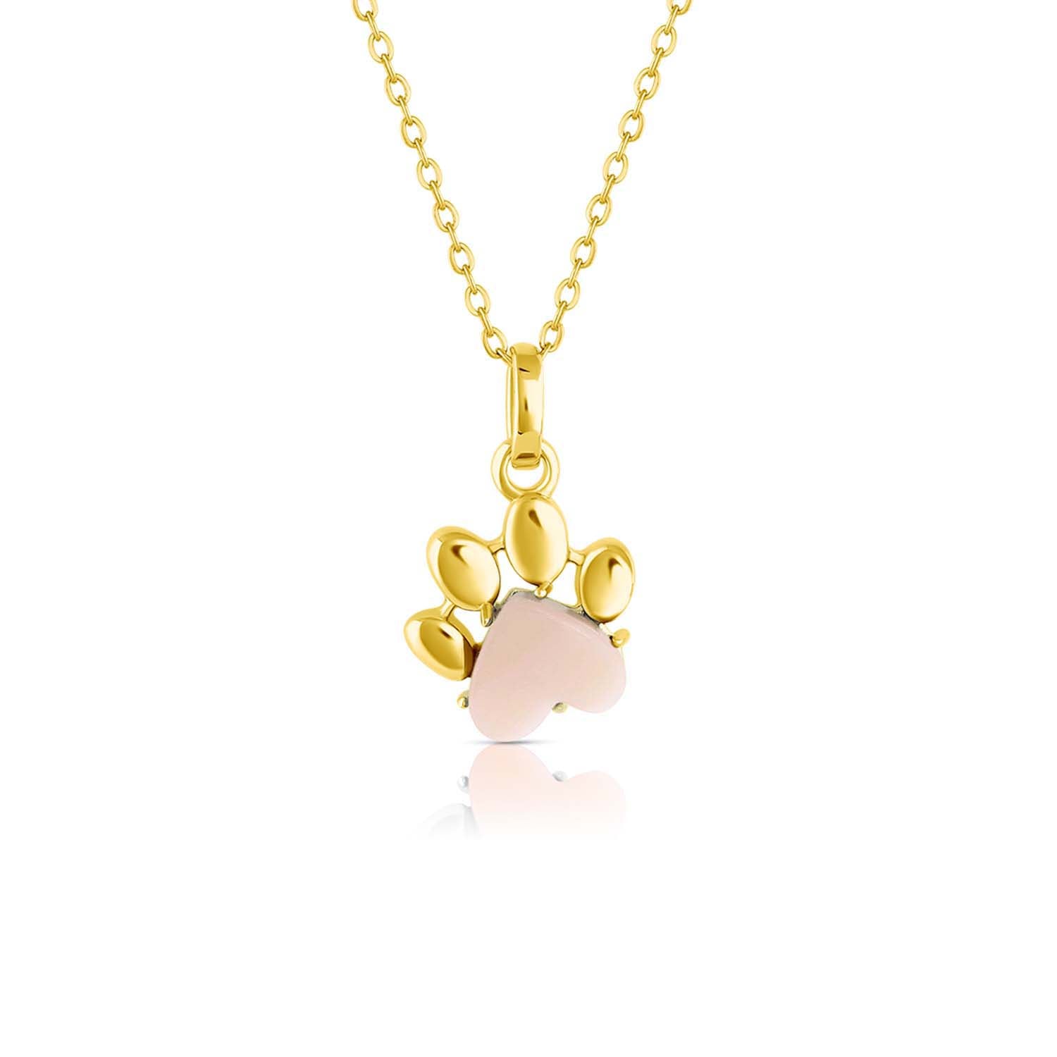 Pet Paw Charm Necklace in heart shaped mother-of-pearl gemstone. Best gift for pet moms and pet lovers. Made by Born to Rock Jewelry