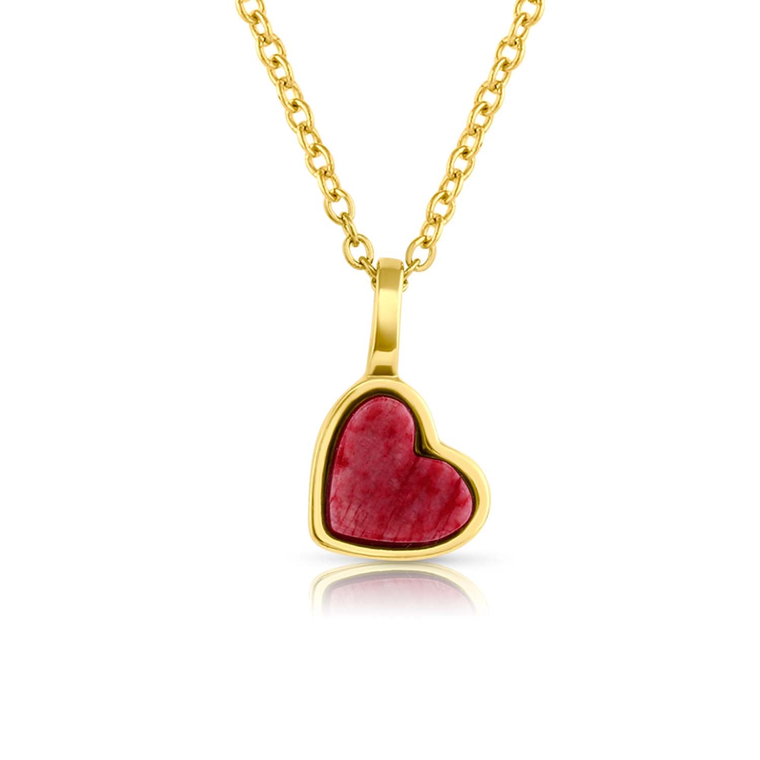 Yellow gold charm necklace with a heart shaped red feldspar natural gemstone. Made by Born to Rock. Online  jewelry store based in San Diego California
