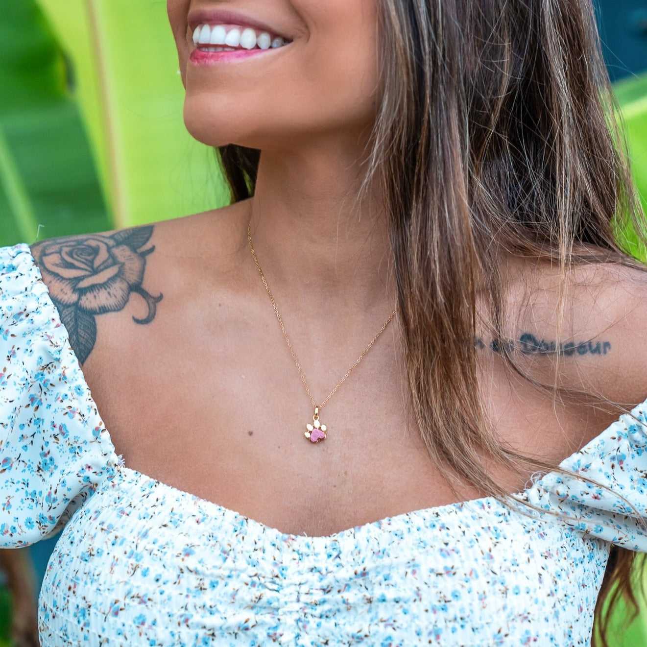 Pet Paw Charm Necklace in heart shaped gemstone. Best gift for pet moms and pet lovers. Made by Born to Rock Jewelry