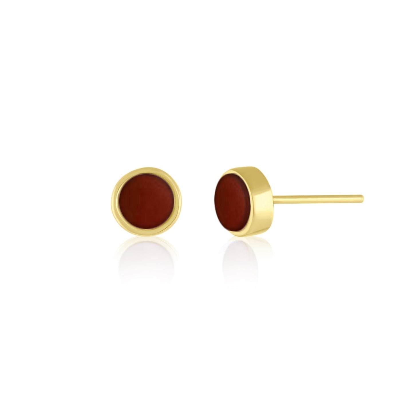 5mm Round Stud Yellow Gold Plated Earrings in Round Red Dyed Dolomite Natural Gemstone Made by Born to Rock. Online Jewelry Store Based in San Diego California