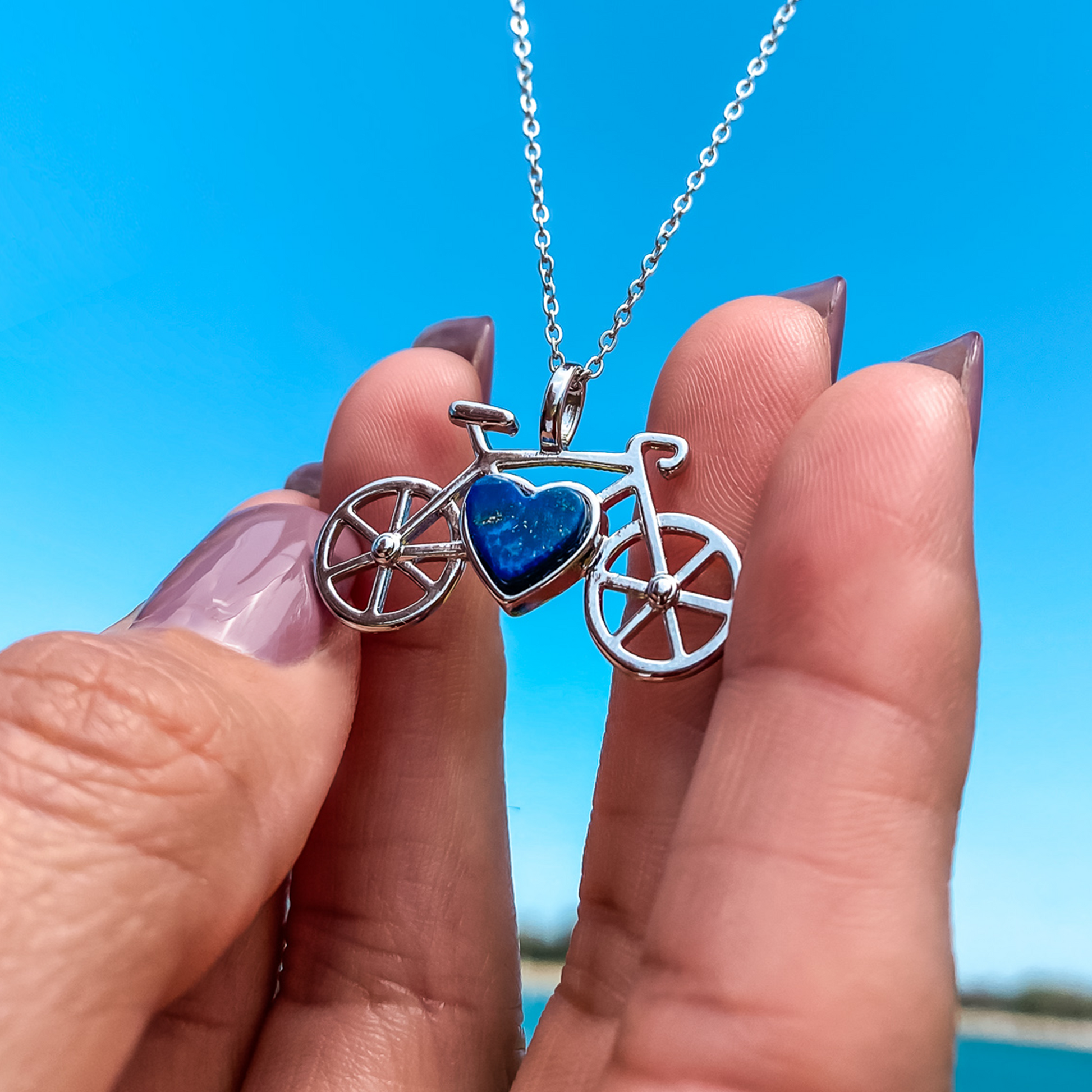 Bike Pendant Necklace in Silver Plated with a heart shaped Lapis Lazuli Blue Gemstone made by Born to Rock Jewelry | Great gift for bikers