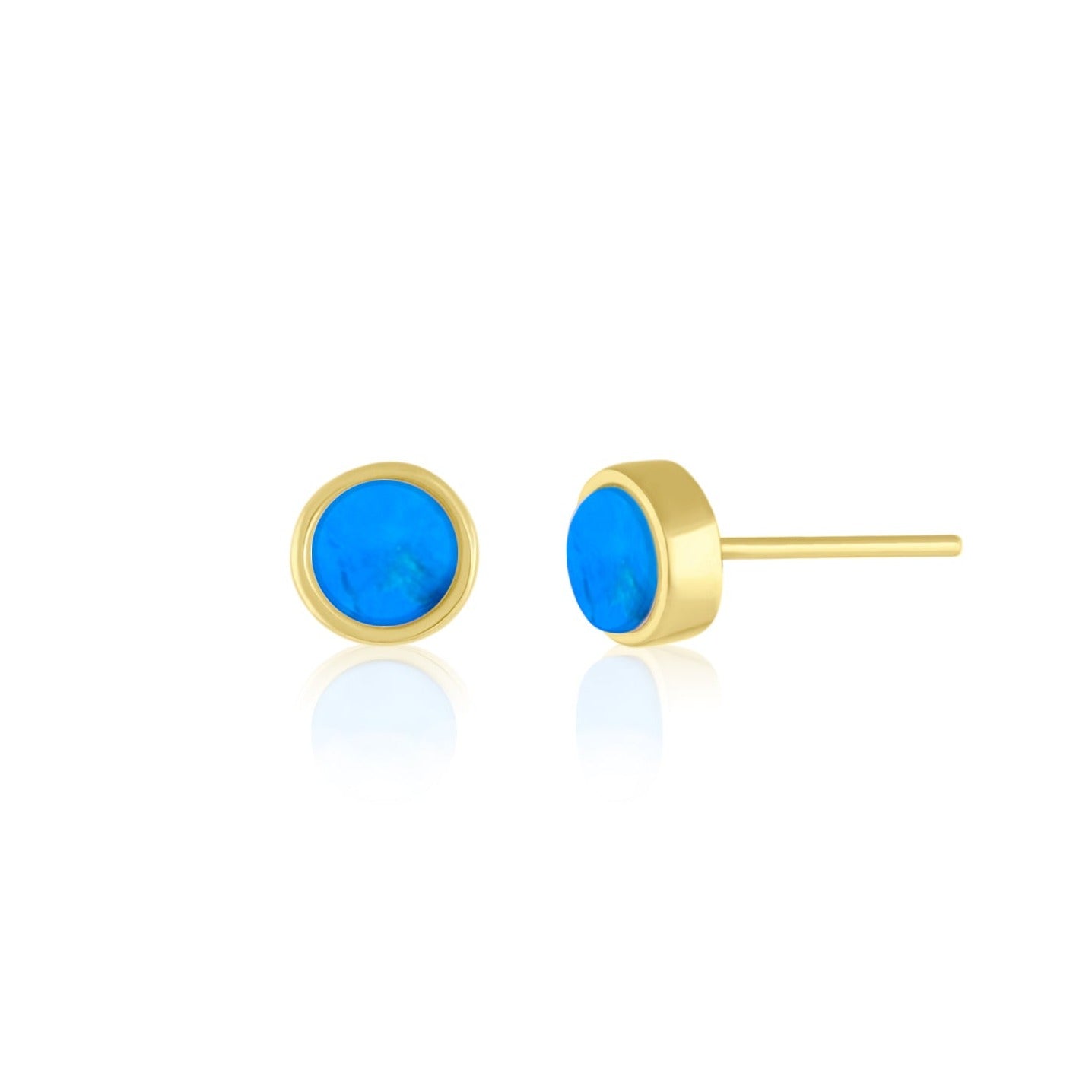 5mm Yellow Gold Plated Round Stud Earrings in Round Blue Turquoise Gemstone made By Born To Rock. Online Jewelry Store Based in San Diego California