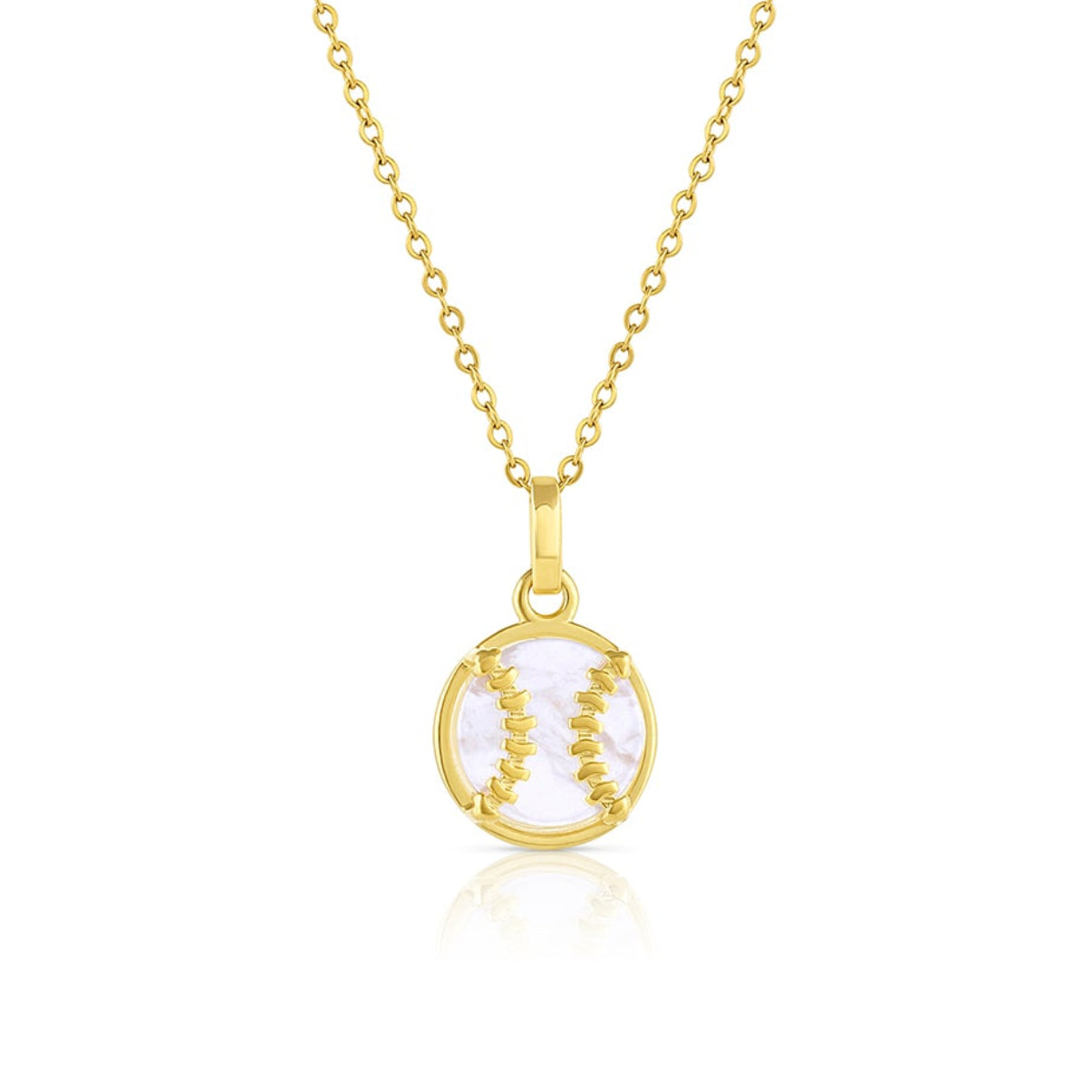 Gold necklace with a round baseball pendant on a white background