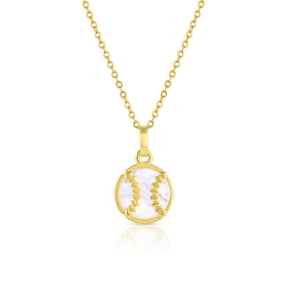 Gold necklace with a round baseball pendant on a white background