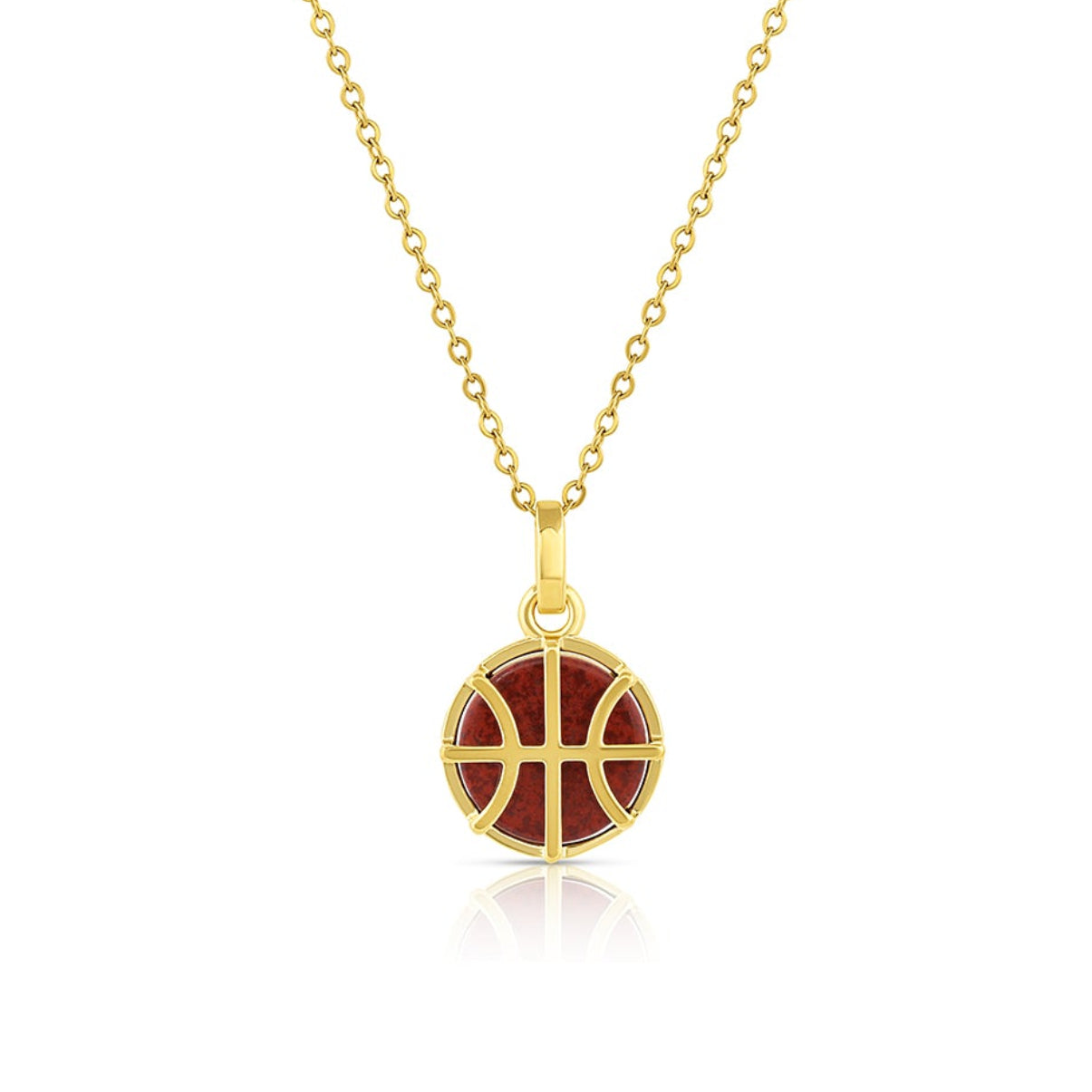 Gold basketball necklace with a red pendant on a white background