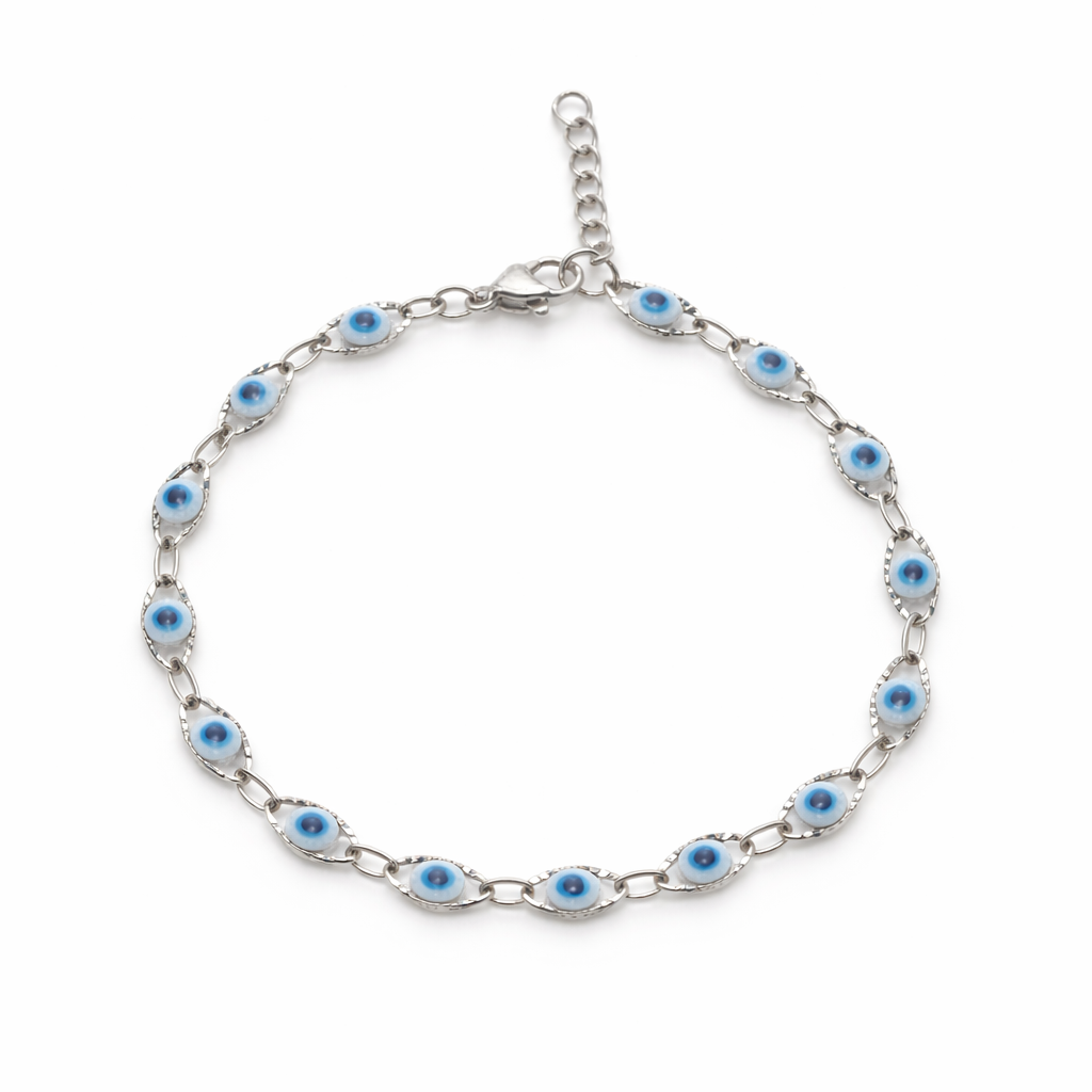 Silver bracelet with blue stones on a white background