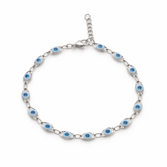Silver bracelet with blue stones on a white background