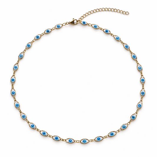 Necklace with blue eye-shaped beads on a white background