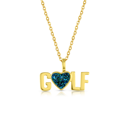 Gold Golf necklace with a heart-shaped blue gemstone pendant on a white background