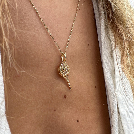 Gold Tennis Racket Necklace – elegant tennis jewelry gift for athletes, players, fans, teams, and coaches