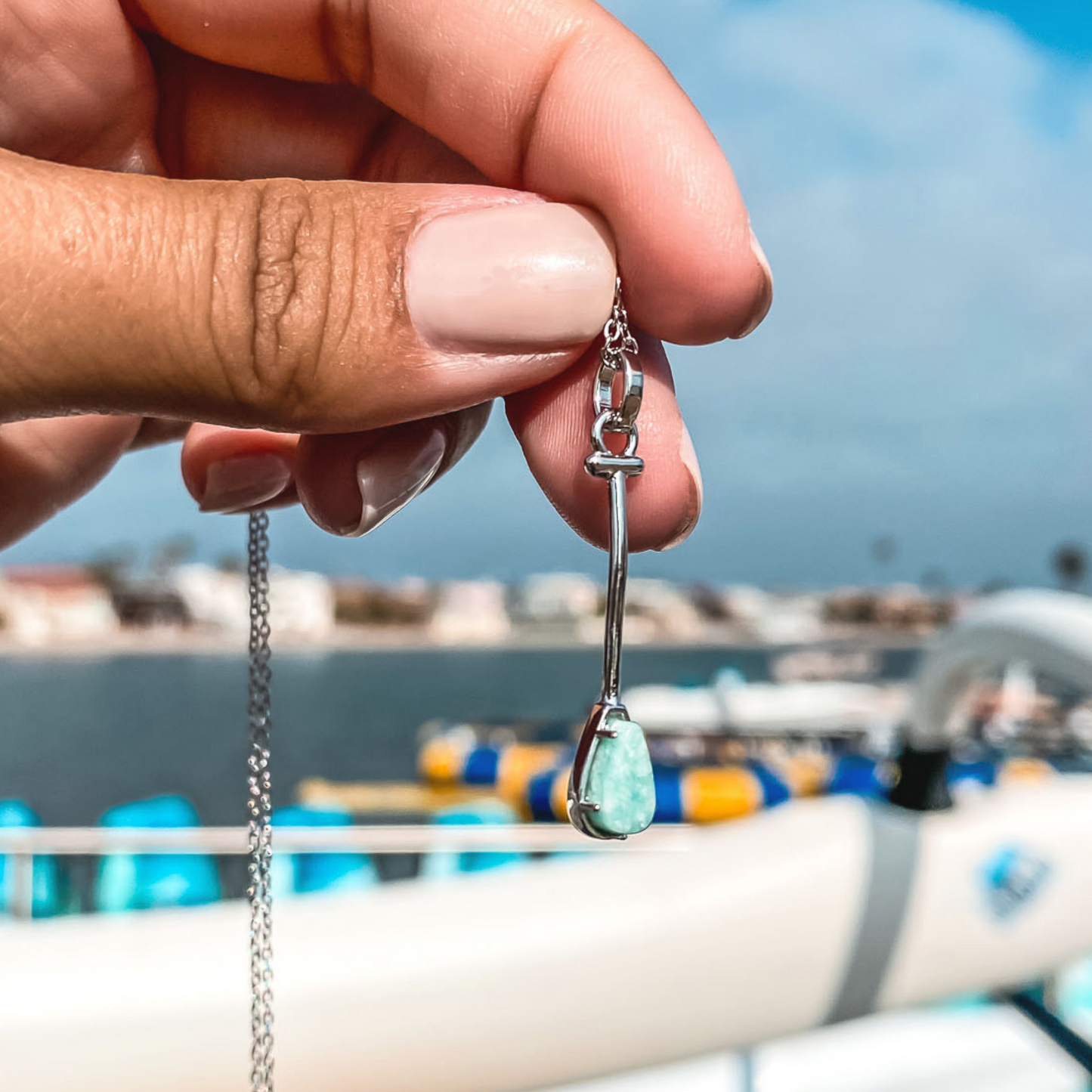 Paddler Jewelry inspired by Hawaiian Outrigger Canoe Paddle Charm Necklace in Green Aqua Amazonite Natural Gemstone. Made by Born to Rock Jewelry Store based in San Diego California. Paddling jewelry