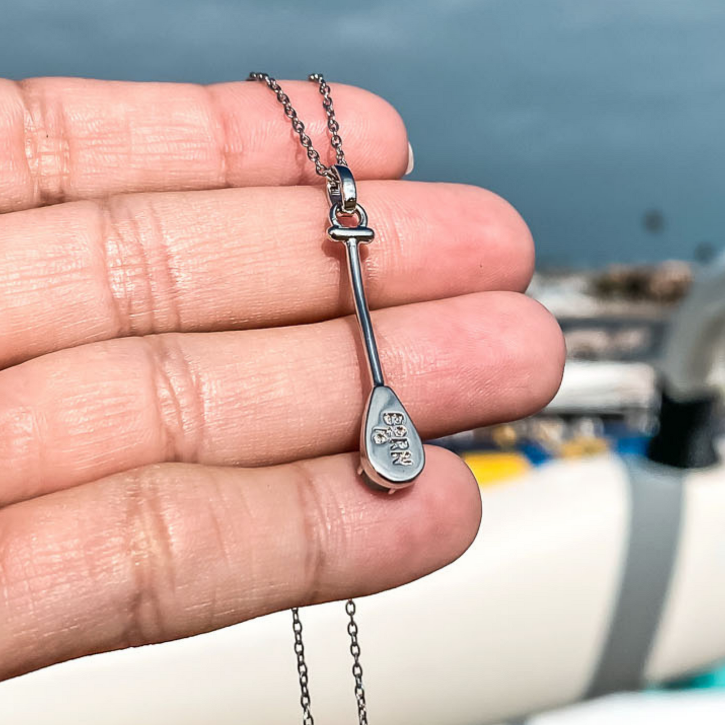 Paddler Jewelry inspired by Hawaiian Outrigger Canoe Paddle Charm Necklace in Green Aqua Amazonite Natural Gemstone. Made by Born to Rock Jewelry Store based in San Diego California. Paddling jewelry