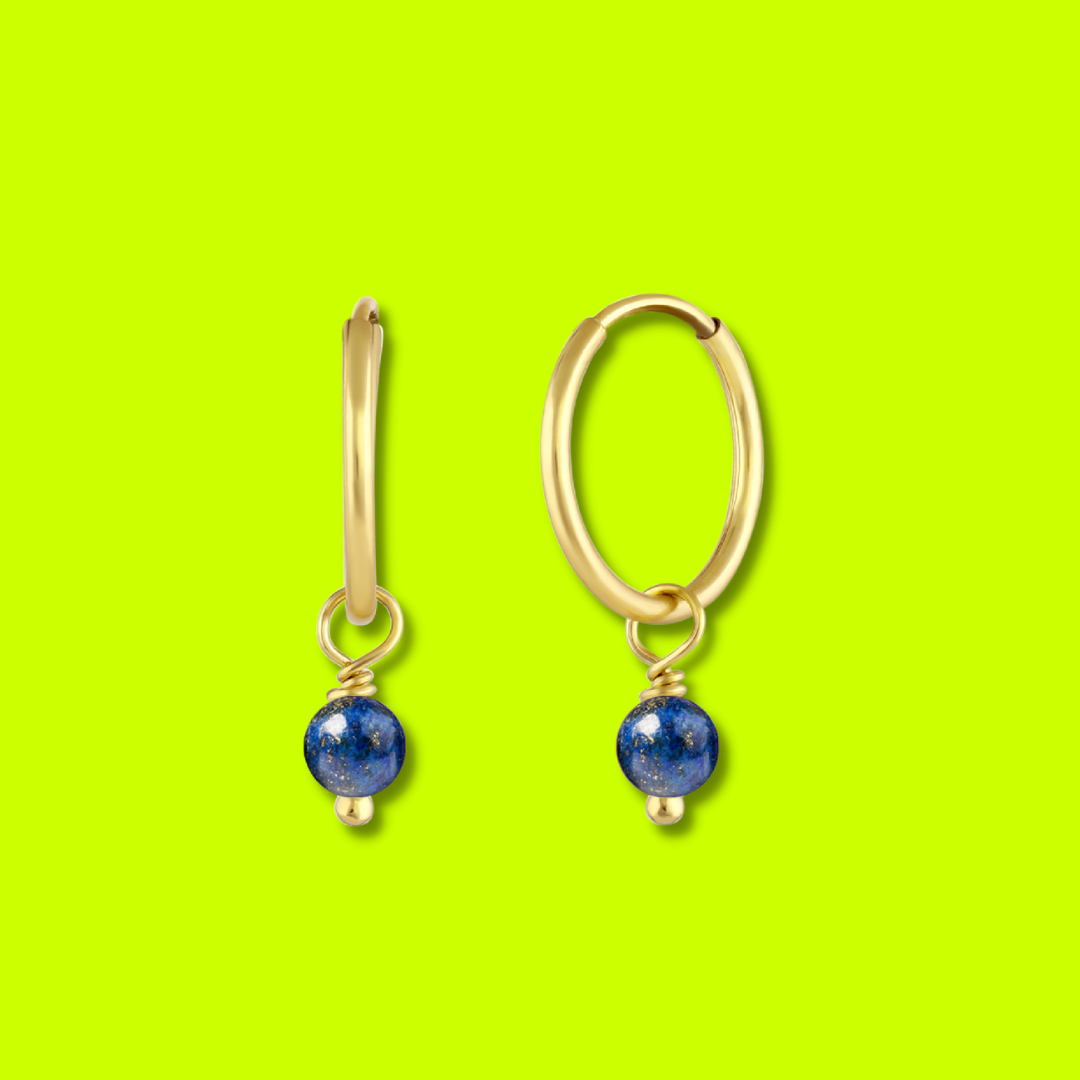BORN TO ROCK® Jewelry | 14Kt Gold plated Lapis Lazuli Charm Hoop Earrings | Discover our beautiful collection of hoop earrings at borntorockjewelry.com.  Shop Sterling silver or gold plated hoop earrings, earrings with natural gemstones beads, charm hoops and stud earrings. A personalized gift idea for every mom, grandma, bride, bridesmaid, daughter, wife, mother-in-law & loved one. 