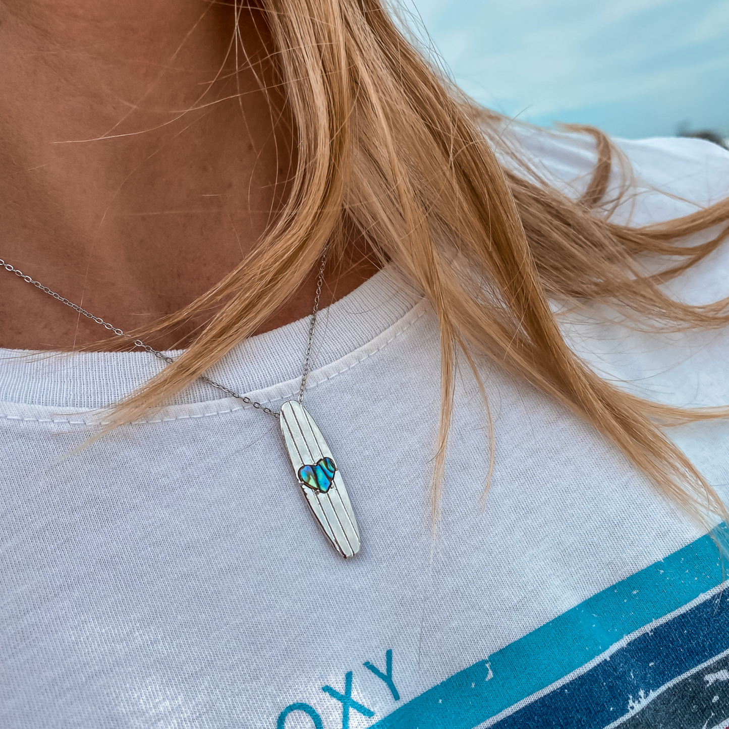 Longboard Surfboard Charm Necklace in Abalone Shell