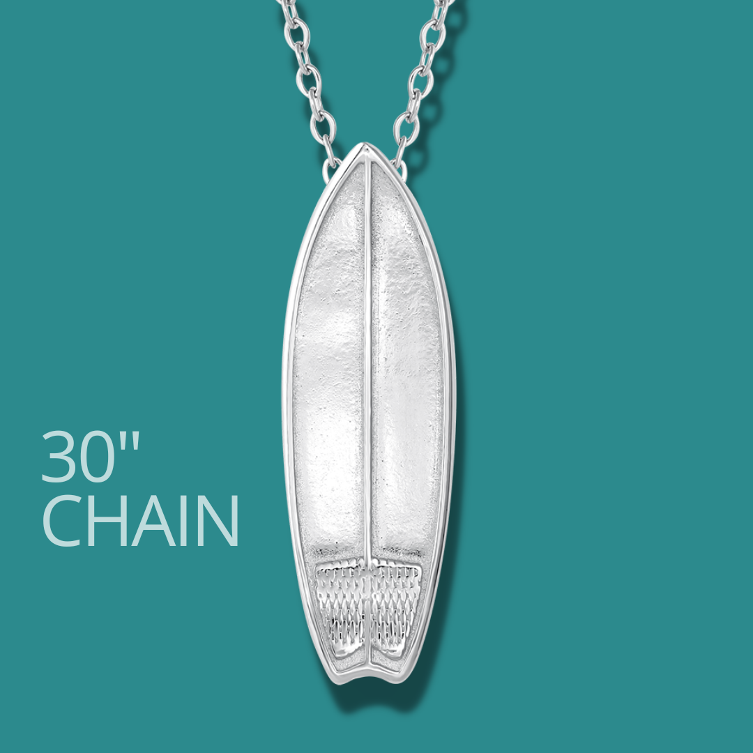 silver surfboard charm necklace. Surf inspired jewelry. Great gift for surfers made by Born to Rock. Designed in San Diego, California