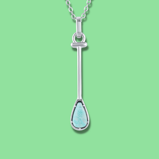 Paddler Jewelry inspired by Hawaiian Outrigger Canoe Paddle Charm Necklace in Green Aqua Amazonite Natural Gemstone. Made by Born to Rock Jewelry Store based in San Diego California. Paddling jewelry