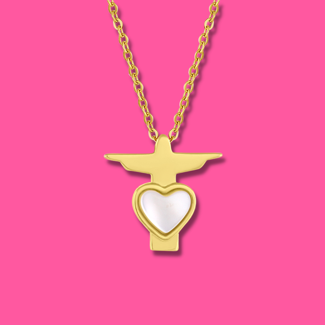 Christ the Redeemer Pendant Necklace in yellow gold plated with a heart shaped mother of pearl made by Born to Rock Jewelry